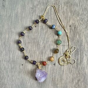 Nupuyai raw amethyst crystal stone w 7 chakra beads adjustable necklace
